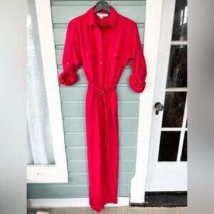 Vintage 100% raw silk silk noil jumpsuit red fall deadstock button front S/M